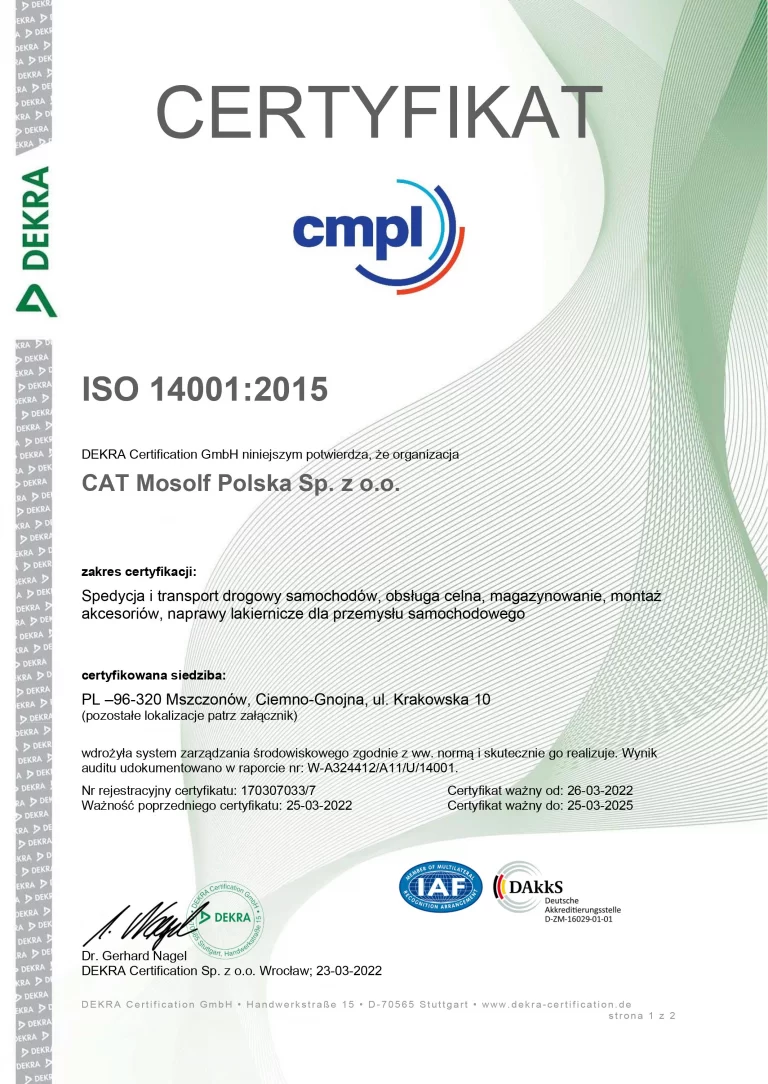 Certyfikat elektroniczny ISO 14001